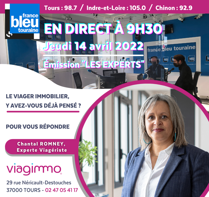 viagimmo's tweet photo. 📣🎙 𝗝𝗘𝗨𝗗𝗜 𝟭𝟰 𝗔𝗩𝗥𝗜𝗟 𝟮𝟬𝟮𝟮 à 𝟵𝗵𝟯𝟬 @FranceBleu #Touraine dans l’émission « LES #EXPERTS » avec Myriam ISSOUF-ALI
Le #ViagerOccupe réponses aux auditeurs en directe au ☎️ 𝟬𝟮 𝟰𝟳 𝟯𝟴 𝟭𝟬 𝟮𝟬
#viagimmo #tours #LeViagerCestViagimmo #NotreExpertiseVotreSerenite https://t.co/d2pbXMVAOI