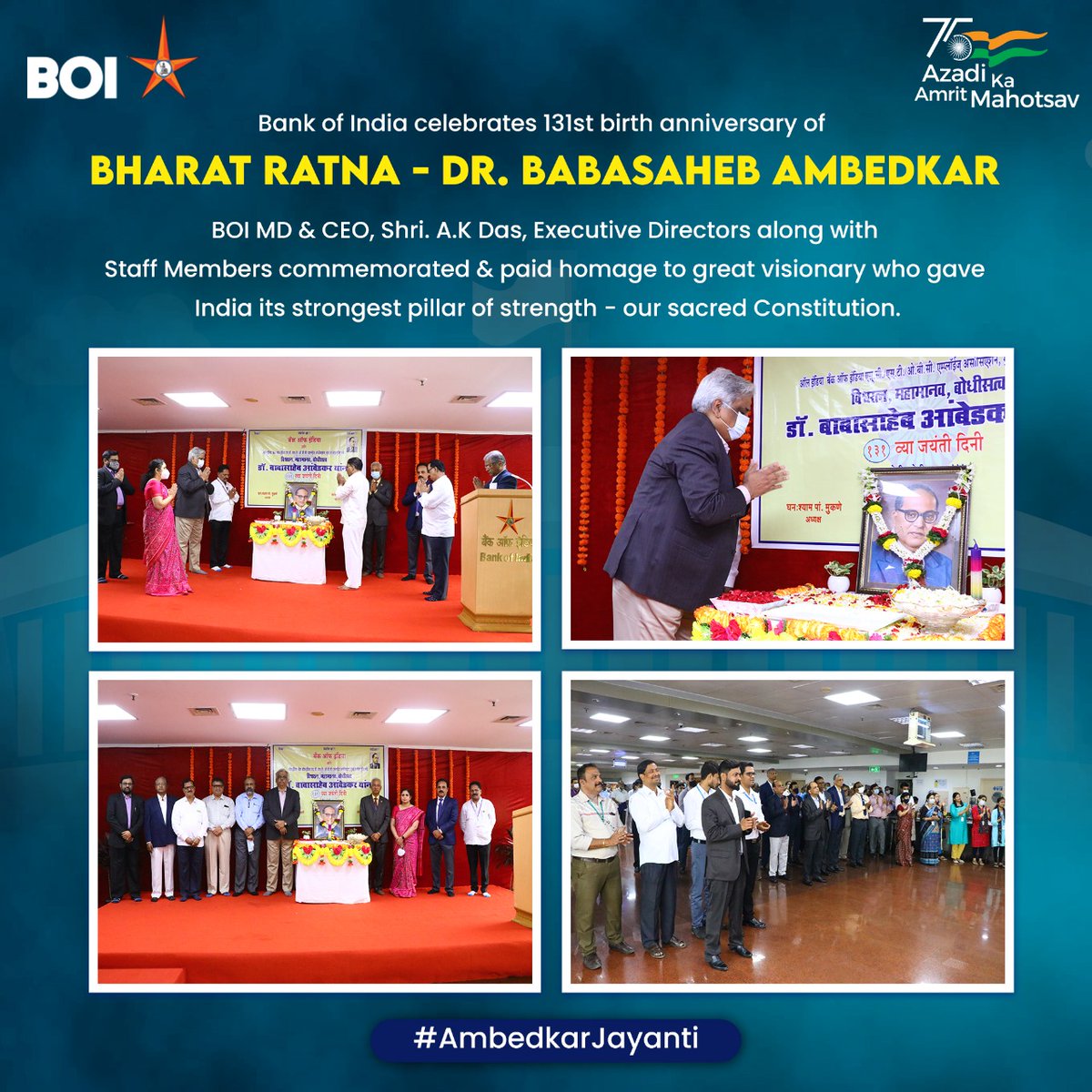 BankofIndia_IN's tweet photo. On the occasion of Bharat Ratna Dr. Babasaheb Ambedkar's 131st birth anniversary, Bank of India paid homage to the father of the Indian Constitution. May his words and actions forever inspire the Nation to ensure equality &amp; progress for all!  
#AmbedkarJayanti #BabasahebAmbedkar https://t.co/A5VSen8DHw