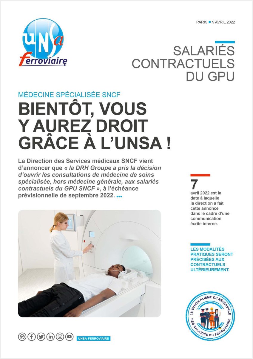 ra_unsaferro's tweet photo. Une revendication @ra_unsaferro : la Direction des Services médicaux SNCF annonce l’ouverture des consultations spécialisées pour les salariés contractuels ! 👏🏼
L‘UNSAviez-vous ? Les cabinets médicaux SNCF disposent de spécialistes (allergologues, dermatologues, ophtalmologues..) https://t.co/XXsMlYZo7f