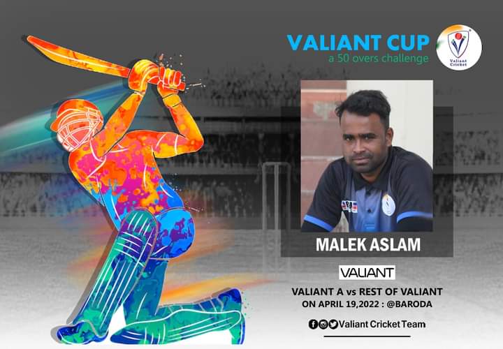 CricketValiant's tweet photo. Valiant Cricketer Malek Aslam will be part of Valiant Cup - a 50 overs challenge on April 19, 2022 at Baroda!! 
#ValiantForGoodCause #ValiantCricketTeam #RestOfValiant #ValiantA #ValiantCup #Baroda #Gujarat #Cricket #MalekAslam https://t.co/A8pQLNECUa
