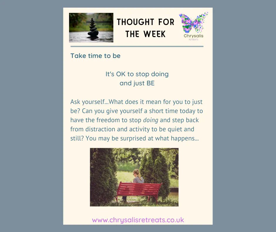 CRtimeforyou's tweet photo. Coming up to the Easter break find time to stop doing and start being? Just a short time to turn off busyness and find somewhere to sit quietly, in stillness - see what emerges. A mini-retreat at home! 

More about our retreats:
https://t.co/QSTIG8KZA1

#calm #being #TimeToBe https://t.co/tZYe7NxrpQ