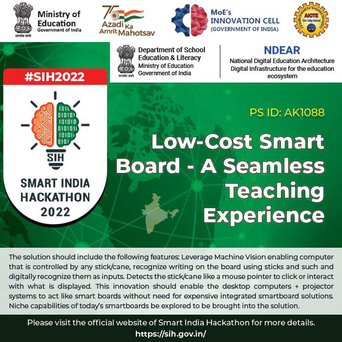 EduMinOfIndia's tweet photo. Participate in #SmartIndiaHackathon2022 &amp; develop a low-cost smart board which doesn’t require expensive integrated smart-board solutions. These smart boards should include various innovative solutions to enable a seamless teaching experience. Click https://t.co/jgYiFXcclp https://t.co/HJbYfnnzJx