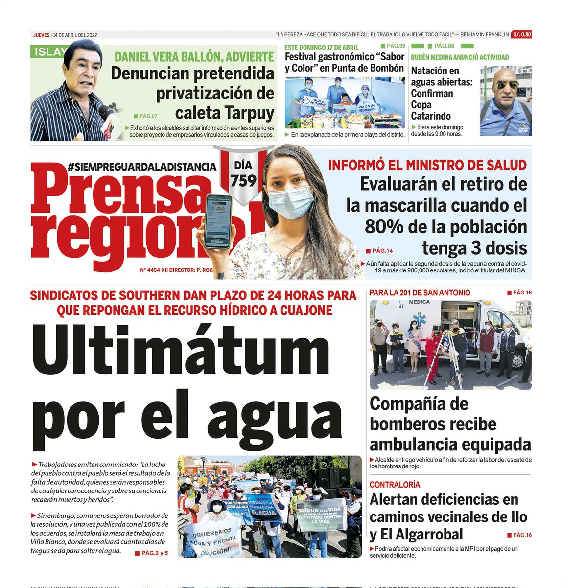 prensaregional_'s tweet photo. La Prensa Regional – Jueves 14 de abril de 2022. Edición impresa #Moquegua, #Ilo, #Mollendo, #Islay, #Arequipa, #LoUltimo #PedroCastillo #Cuajone #Tumilaca #Pocata #Coscore #Tala Más información en https://t.co/udMPco2vHo https://t.co/cOZXd8k7H4