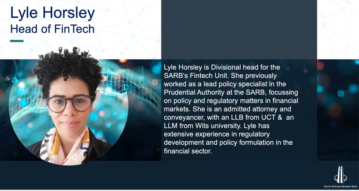 [THREAD]
Meet Lyle Horsley – Head of SARB's Fintech Unit.  She will be explaining the recently launched Project Khokha2, completed in collaboration with <a href="/FintechHubSA/">IFWG Innovation Hub</a>