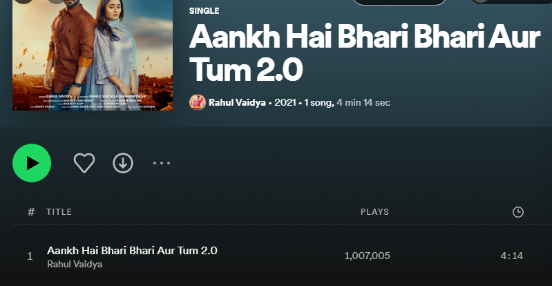 RDTrendz's tweet photo. Aankh Hai Bhari Bhari Aur Tum 2.0 surpasses 1M streams on Spotify!

#RashamiDesai | #RahulVaidya 

https://t.co/0M0kRn4C14 https://t.co/aVtleOA0DJ