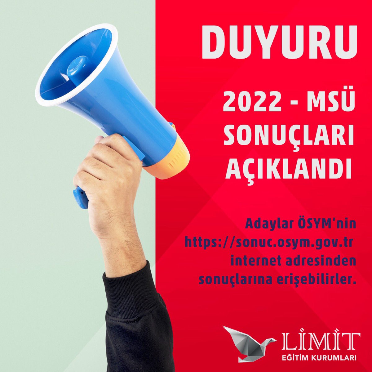limitumraniye's tweet photo. 📣📣📣
MSÜ SONUÇLARI AÇIKLANDI.
#limitumraniye #msu #msü #msuesonuclari #sınav #ösym #ösymsonuç https://t.co/YHwQF27Brs