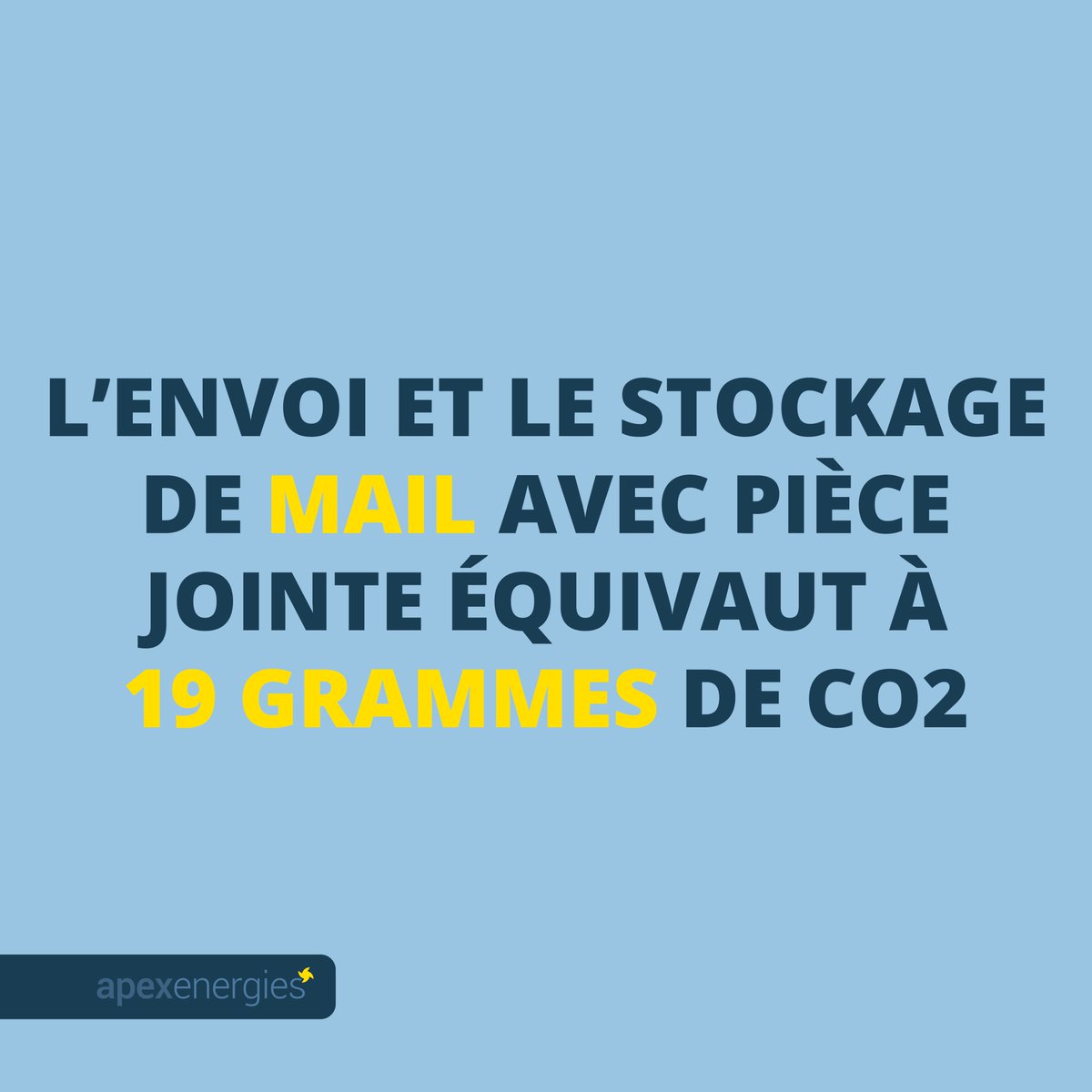 Apex_Energies's tweet photo. LE SAVIEZ-VOUS ?💡L’envoi et le stockage d’un mail avec une pièce jointe, équivaut à 19 g de CO2 : soit l’équivalent de 200 mètres parcouru au volant d’une voiture.

Au sein d’Apex Energies nous limitons les mails en interne et optons pour de la communication directe via Teams. https://t.co/rm23Cr17mM