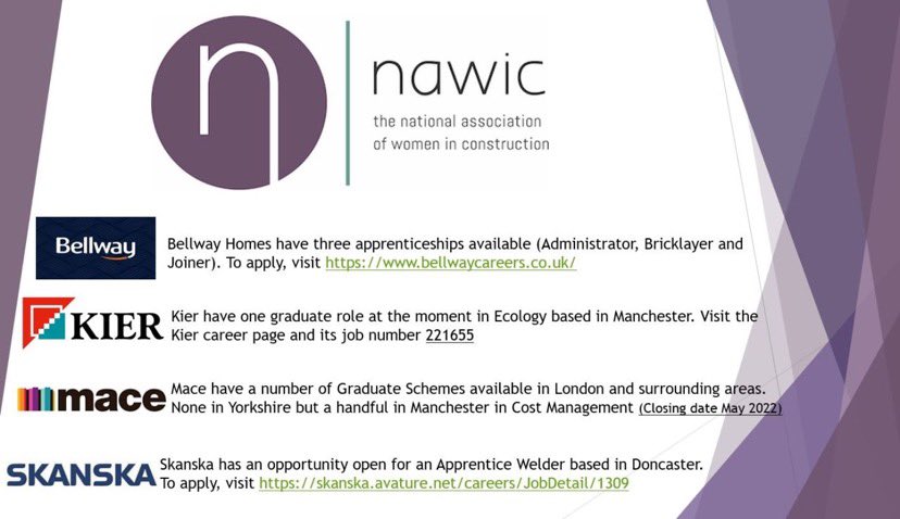 With it being Bank Holiday tomorrow and Monday, here are next weeks Graduate/Apprentice opportunities in and around Yorkshire!

#NAWIC #womeninconstruction #femalequantitysurveying #quantitysurveyor #ukconstruction #womeninsurveying