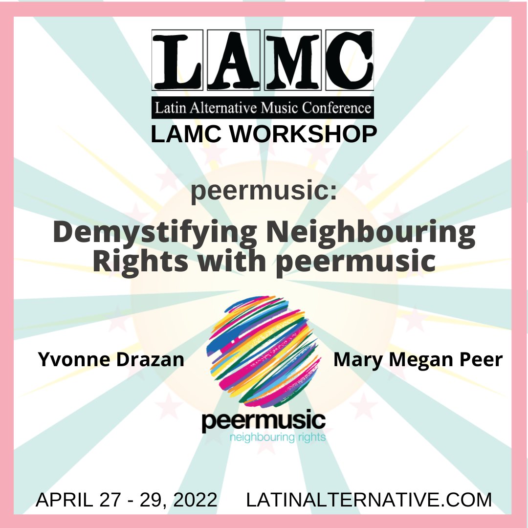 Join peermusic CEO <a href="/MaryMeganPeer/">Mary Megan Peer</a> and VP Latin West Coast Yvonne Drazan (<a href="/MsDrazzy/">Yvonne Drazan</a>) for our “Demystifying Neighbouring Rights” Q&amp;A session at this year’s virtual @thelamc April 27-29! Register for FREE + get more info at: latinalternative.com

<a href="/peermusicNR/">peermusic Neighbouring Rights</a> #NeighbouringRights