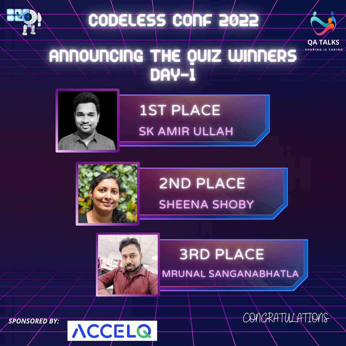 QTechtalks's tweet photo. Congratulations to our top three winners of the Codeless Conf 2022 Quiz contest on Day 1.
1st Prize: Sk Amir Ullah
2nd Prize: Sheena Shoby
3rd Prize: Mrunal Sanganabhatla
Powered by:
@ACCELQ
Looking forward to seeing you at our future events!
#qatalks #codelessconf2022 https://t.co/V7AM8aj2Mx
