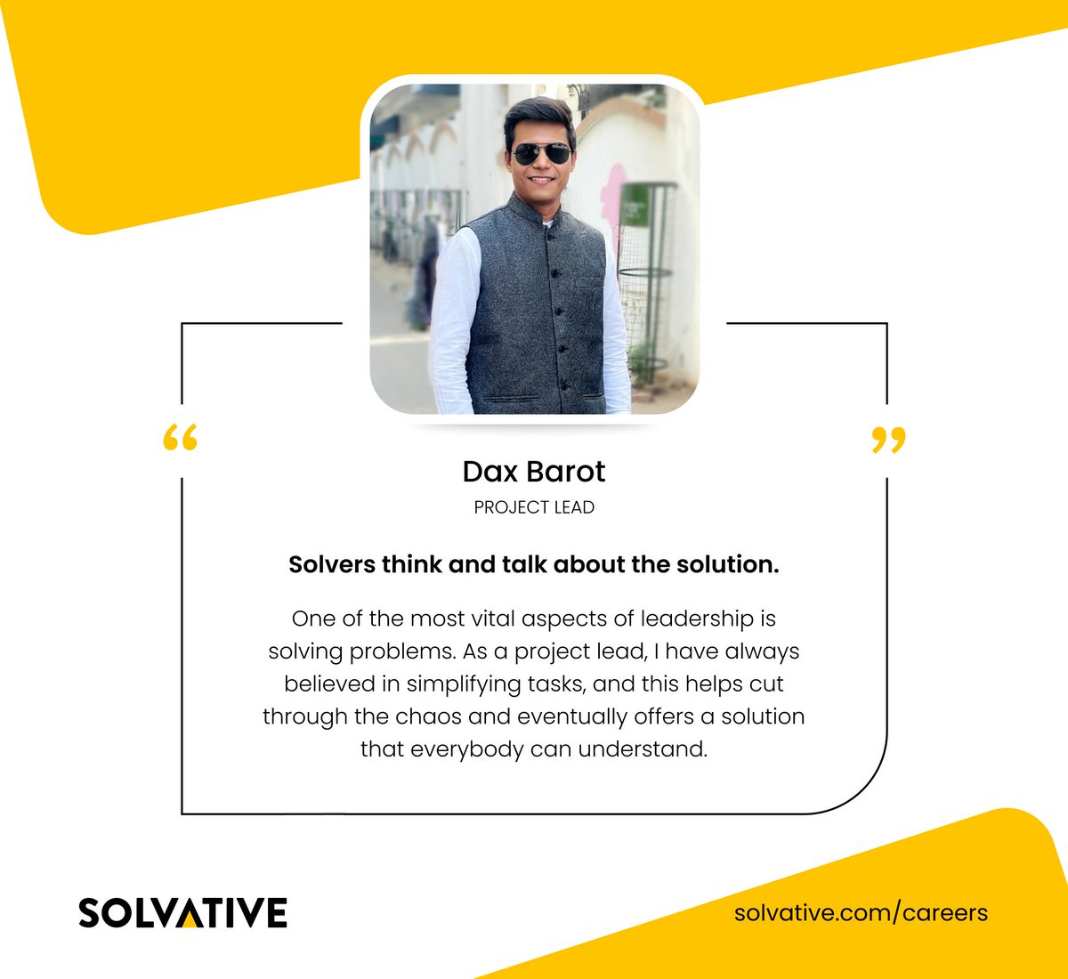 solvative's tweet photo. Dax Barot, a Project Lead at Solvative, believes that βSolvers Think and Talk About The Solution.β You, too, can take the opportunity to become a Solver by applying now!
Learn More: https://t.co/KsfpdlffDR
#Solvative #Solveforward #leadership #ProjectLead https://t.co/KPh1JWCAd7
