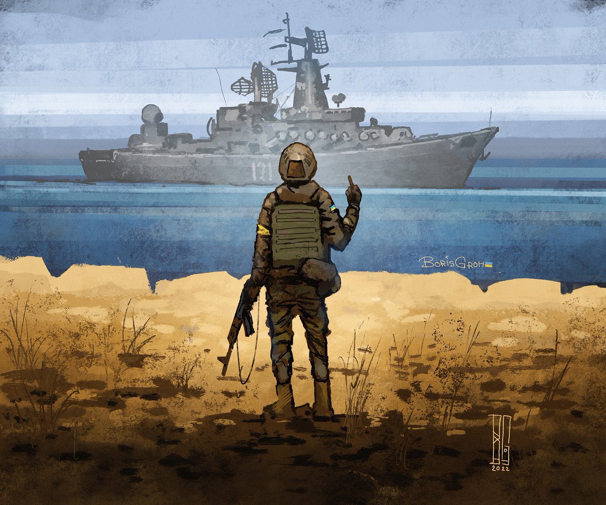 JamesAALongman's tweet photo. The Moskva sent a radio warning at the start of the invasion “This is Russian warship…surrender your weapons”

Ukrainian soldiers responded “Russian warship, go fuck yourself.” They became national heroes. The post office issued this stamp. Think you’ll see a lot of this today https://t.co/k1YgROZTBV