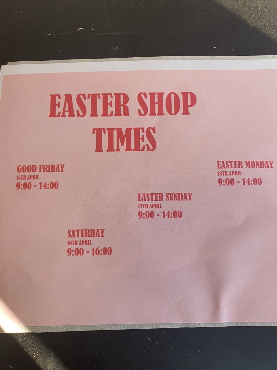 We will be OPEN over Easter. 
Good Friday 9.00 - 2.00
Saturday 9.00 - 4.00
Easter Sunday 9.00 - 2.00
Easter Monday 9.00 - 1.00