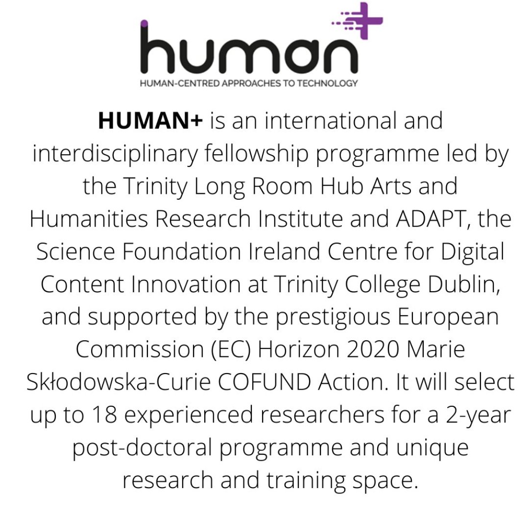 We're recruiting for <a href="/HumanPlusTCD/">Human+</a> and looking for Arts &amp; Humanities / Computer Science &amp; Engineering researchers for a 2 year fully funded inter- and transdisciplinary fellowship programme. Find out more at euraxess.ec.europa.eu/jobs/691452
#jobfairy #research