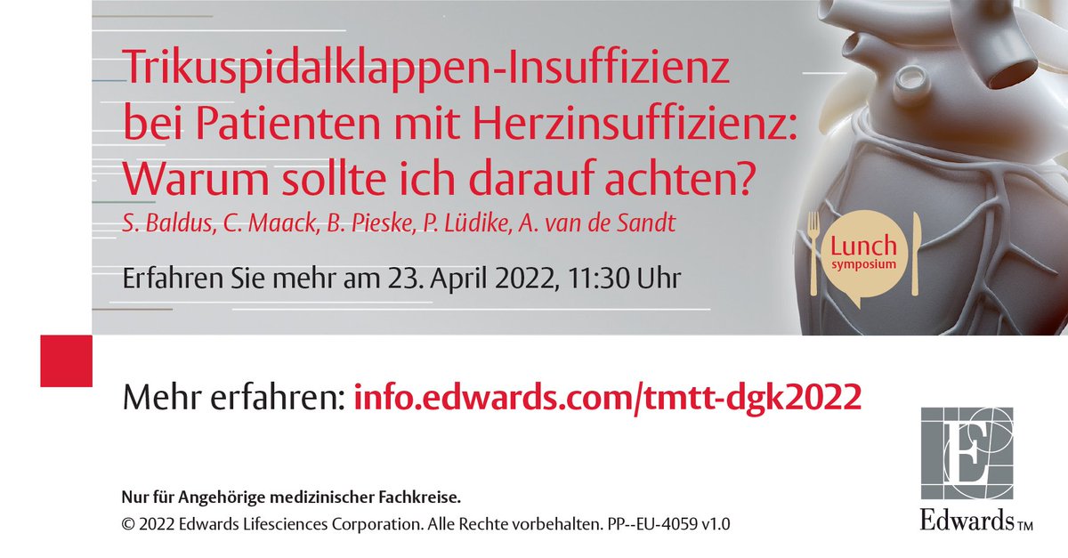 Trikuspidalklappen-Insuffizienz und Herzinsuffizienz? Warum sollten Sie unbedingt darauf achten? Erfahren Sie mehr bei der #DGK #Jahrestagung in unserem Symposium. Treffen Sie Edwards Lifesciences in Mannheim oder virtuell über die DGK Plattform. Mehr: ow.ly/3xPA103yJRk