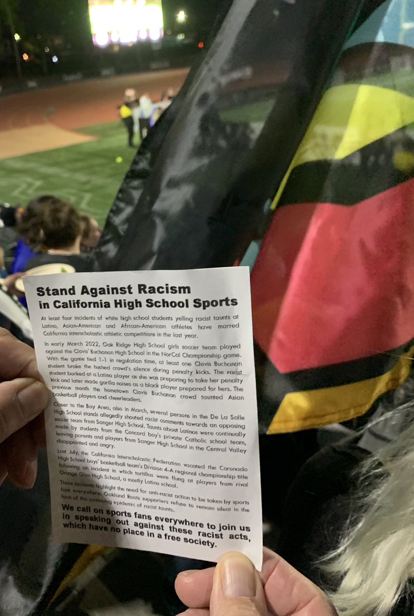 oakrootsrads's tweet photo. Tifo against recent racist incidents in Norcal high school sports and MAGA fascism. 
#chingatumaga #161 
What an exhilirating game by @oaklandrootssc 
Love to THE FUNCTION @Homegrownhoolie 
@Oakland68s @LaBrigada510 
solidarity with 
@OrhsGirlsSoccer 
@Apache_Soccer 
@OrangeGlen https://t.co/6NNg4GMSrB