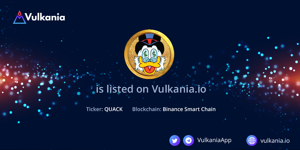 📣NEW LISTING on Vulkania.io: RichQUACK.com

The BEP20 (#BinanceSmartChain) $QUACK is now live on <a href="/VulkaniaApp/">Vulkania</a>

#Vulkania offers a unique #dashboard for 
@richquack community

Visit now👉vulkania.io/coins/richquack

Comment, Like &amp; RT🚀🌕
$VLK #BSC #RichQUACK
