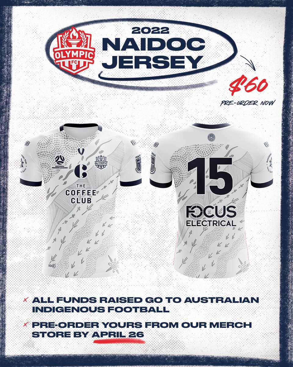 Olympic_FC's tweet photo. A first look at our 2022 @VetoSports NAIDOC Week Jerseys 👌

Get yours by pre-ordering from our merch store before April 26 🛒

All funds raised from jersey sales will be donated to Australian Indigenous Football! https://t.co/4McLmzyNyQ