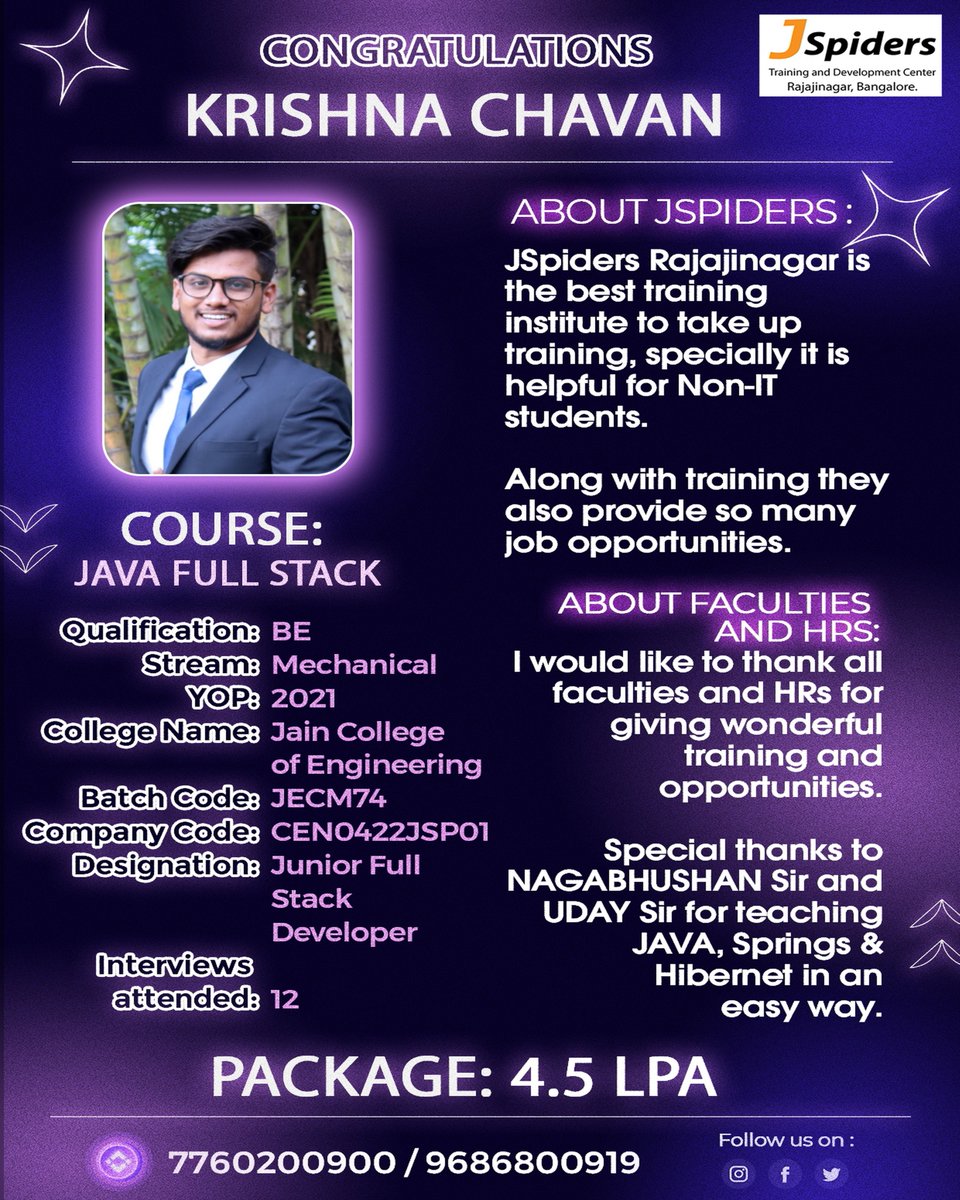 JRajajinagar's tweet photo. Congratulations &amp; best wishes KRISHNA CHAVAN for getting placed as JUNIOR FULL STACK DEVELOPER

@jspiders.rajajinagar

For course details visit: https://t.co/dLn5UUJpRw

 #offer #softwareengineer #dedication #javafullstack #jspidersrajajinagar #me #juniorfullstackdeveloper https://t.co/2iFojR1IU6