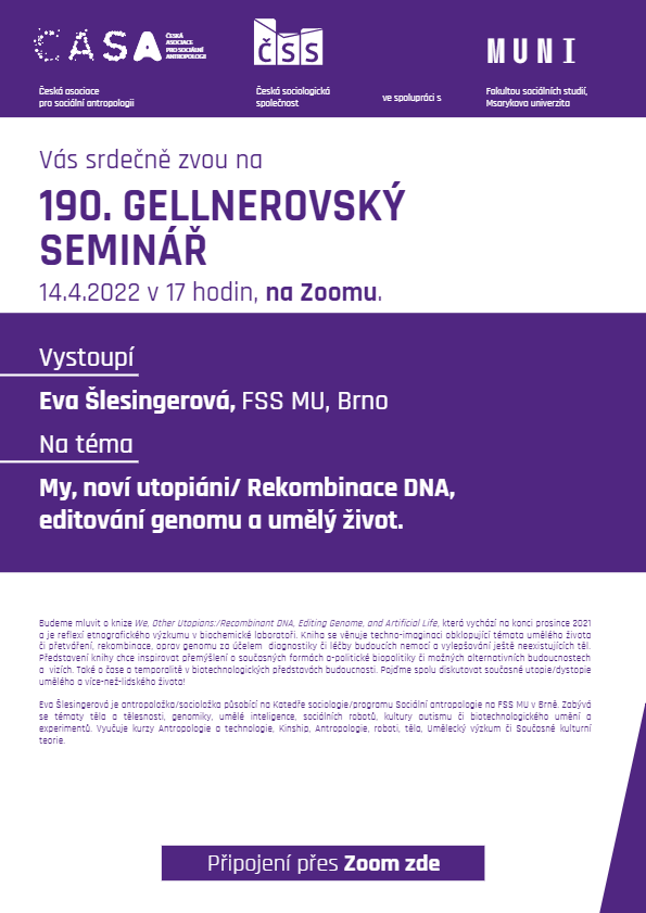 EvaSlesingerov1's tweet photo. Dnes od 17 hod budu na Gellner semináři povídat něco málo o své knize (We, Other Utopians), o těle, umělém životě, laboratoři, utopiích a tak dokola. Budu ráda, když se připojíte online🙂. link: https://t.co/Nh8apg0R52 https://t.co/x2ffjBaeiH