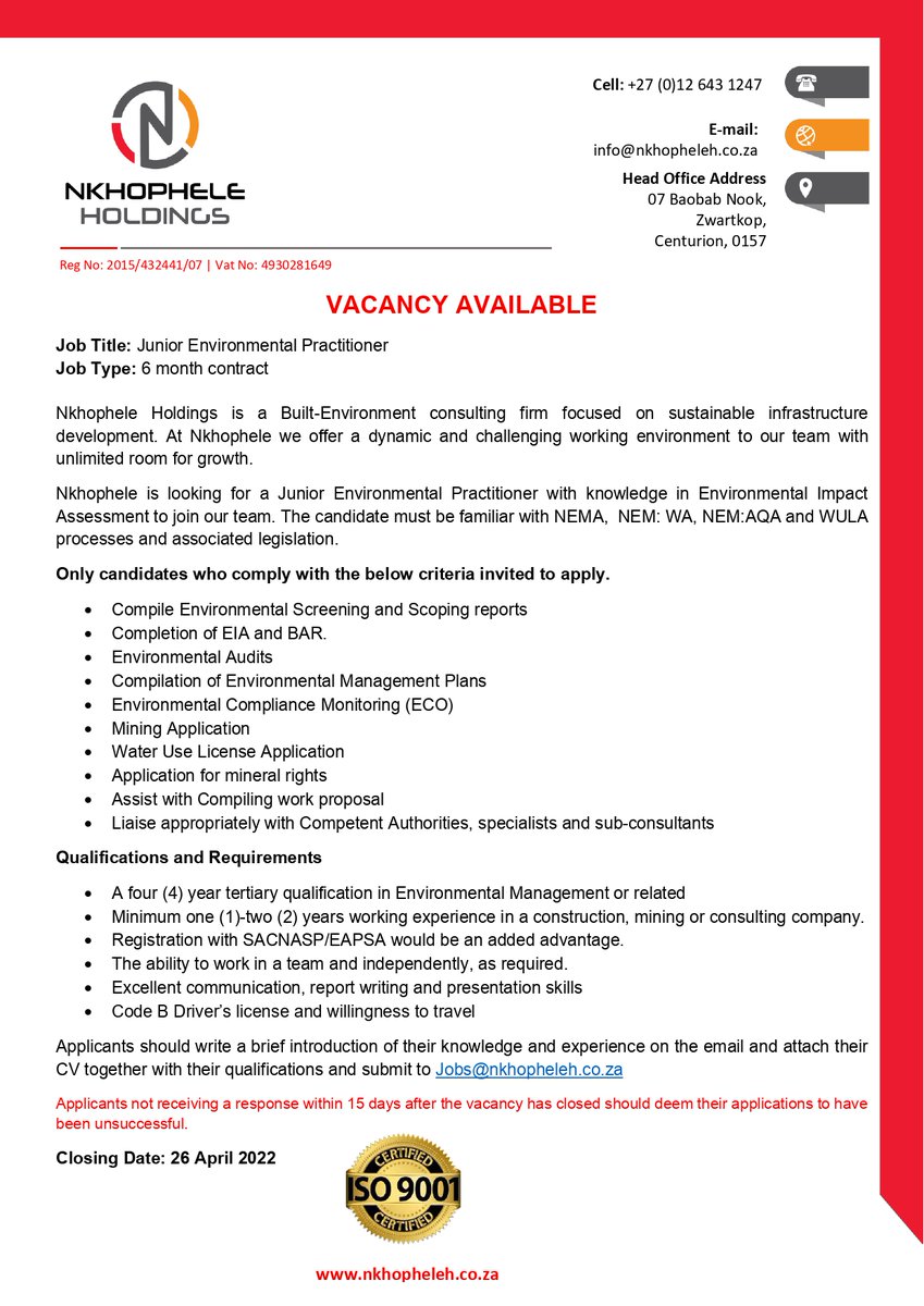 Nkhophele Holdings is looking for a Junior Environmental Practitioner with knowledge in Environmental Impact Assessment to join our team. 

Closing date: 26 April 2022

#vacancyalert #jobseekerssa