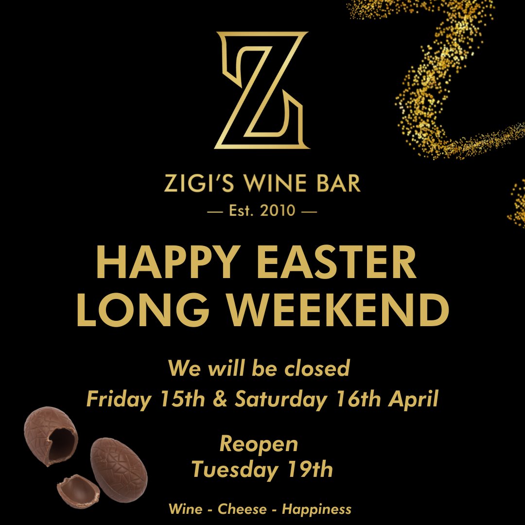 WineCheeseBar's tweet photo. Wishing you all a wonderful Easter holiday, filled with good wine, delicious food, and #happydayzz with family and friends.⁠
⁠
This long weekend, we will be closed, and we will return on Tuesday, April 19. ⁠
⁠
Much Love⁠
Zigi's Team https://t.co/AdBVoHXKKY