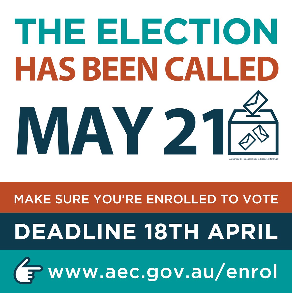 Make your vote count this election. Make sure you’re enrolled by Monday 18th April at aec.gov.au/gov

#hanabethluke #hanabethlukeforpage #auspol #federalelection2022 #pagevotes #election #vote #votewomenin #womeninpolitics  #climate200 #independentsday #independentsca