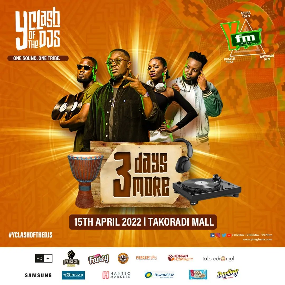 PmTheFinestMc's tweet photo. 🌍🇬🇭🇯🇲🤩🎧🎤📻💦#YHotSquad - @Y979FM

#TheWinningTeam - @Y1079FM 

#YKillaSquad - @y1025fm 

Who wins the 3rd edition of #YClashOfTheDJs ?
See ya'll on Friday.✊🏿

#YfmGhana #MadeByGod #UpnessStill #Blaklaaa 💥 https://t.co/zHycoYHulr