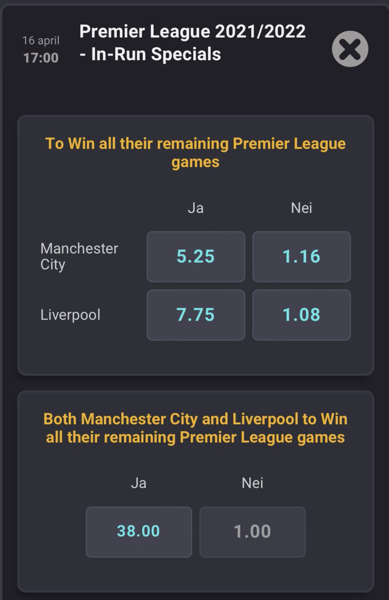 Det blir et rotterace om ligagullet i #PremierLeague 🏴󠁧󠁢󠁥󠁮󠁧󠁿

✅ Lik for City-gull ❤️
✅ Retweet for Liverpool-gull 🔁
✅ Tror du et av lagene vinner de siste syv kampene?

Deler ut #oddsbonus til noen som svarer 💸

#2pl #2sport