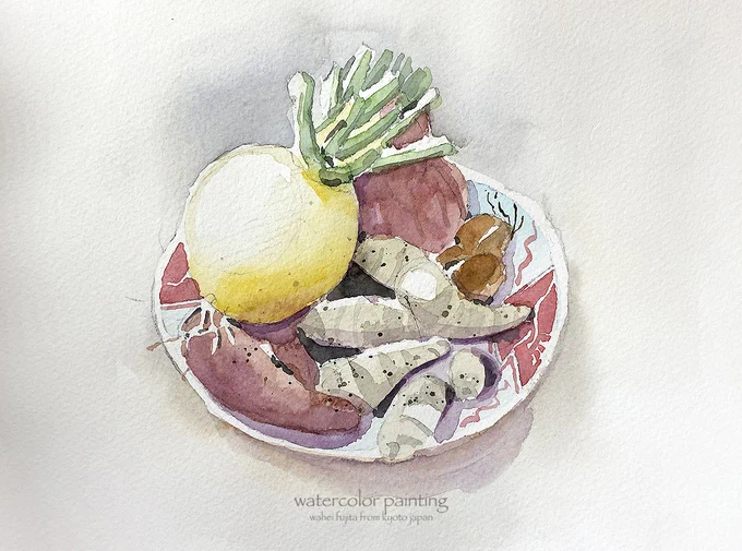 料理屋さんにて。きれいに並べられた野菜たち。#Watercolor #スケッチ #水彩画 #淡彩略画 #生徒募集 #透明水彩 #京都水彩画塾  #水彩画ワークショップ  #水彩画教室  #京都の絵画教室 