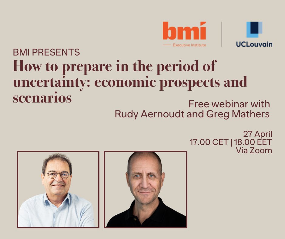 BmiBrussels's tweet photo. Join a free webinar, where our lecturers @rudyaernoudt and @greginriga will overview the economic context and share their knowledge on how organizations can learn to live in these times of uncertainty.
👉Register: https://t.co/rar4TevIrH
#BMIEvents #EconomicProspects https://t.co/VzMZZZTqmh