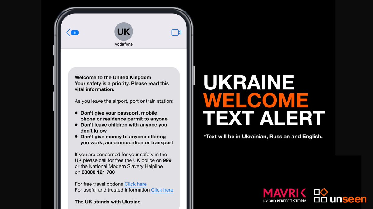 <a href="/VodafoneUK/">Vodafone UK</a>, <a href="/O2/">O2</a>, <a href="/EE/">EE</a> &amp; <a href="/ThreeUK/">Three UK</a>, <a href="/GSMA/">GSMA</a> please send a UKRAINE WELCOME TEXT ALERT (see image) to anyone arriving from Ukraine. Please help stop slavery before it starts #GetTheMessage