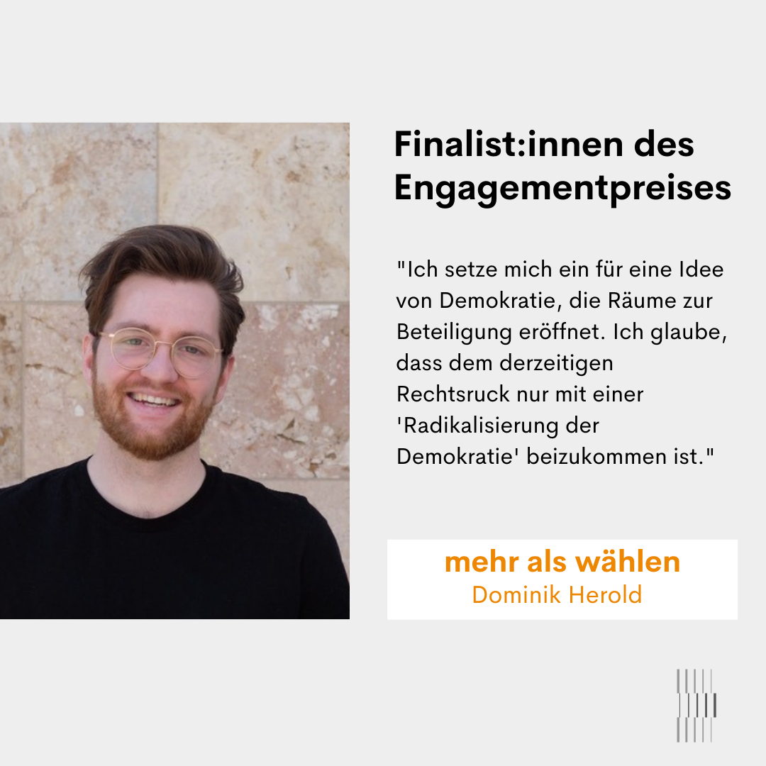 Dominik Herold ist einer der Finalist:innen des Engagementpreises im Jahr 2022 und Mitbegründer des Vereins "mehr als wählen e.V.". 
Wenn Ihr mehr über diese Initiative wissen möchtet, lest hier nach: studienstiftung.de/auszeichnungen…

#alumni #studienstiftung #engagementpreis