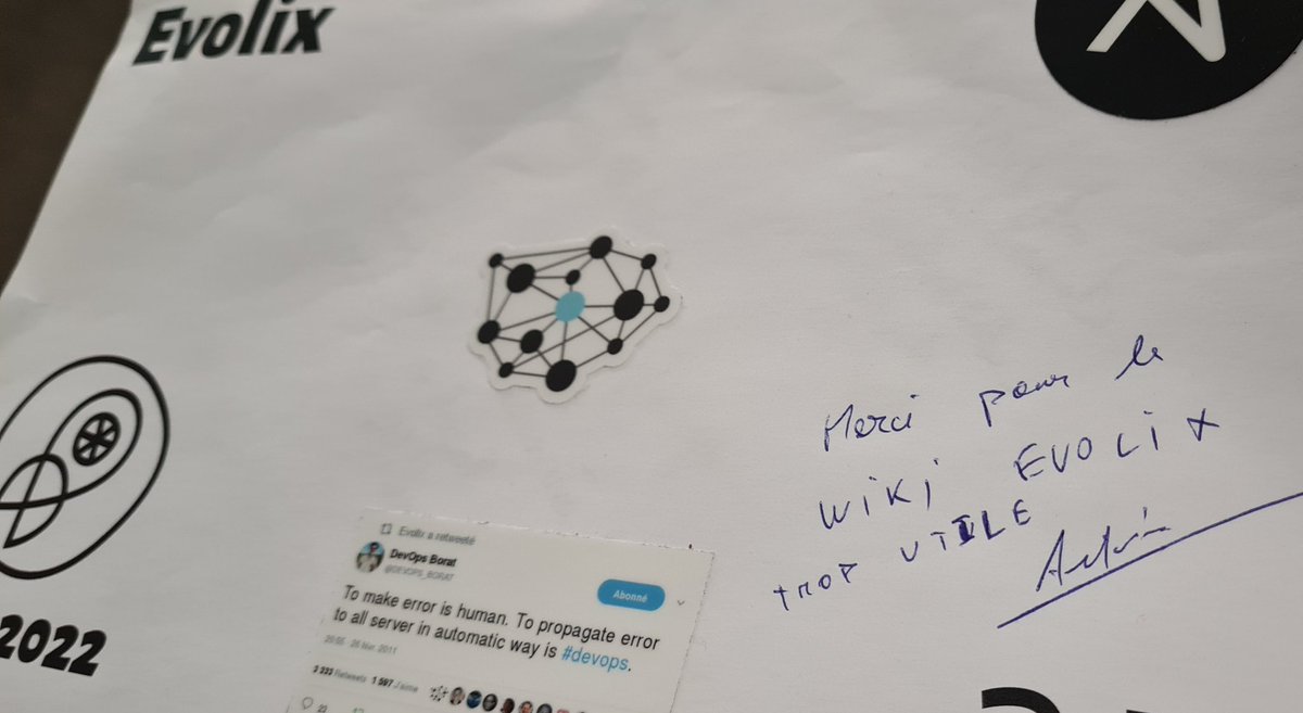 Petit message sympa laissé sur notre stand aux @jdll_lyon : « Merci pour le wiki Evolix trop utile » 💙 l'occasion de rappeler son adresse avec ses centaines de docs techniques un peu cachées : wiki.evolix.org