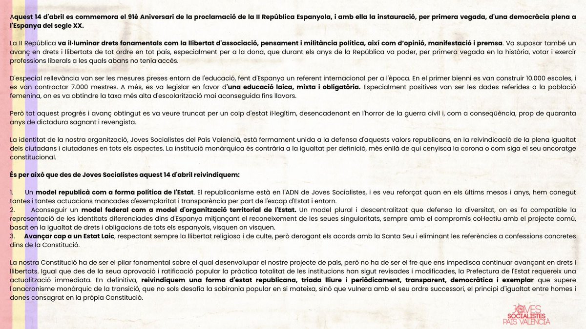 JoveSocialistes's tweet image. ❤️💛💜 Manifest pel dia de la Commemoració de la Proclamació de la II República.

#JSPV #JSE #ConstruirRepública
#14Abril