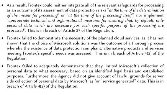 gchampeau's tweet photo. La CNIL de l'Union européenne (EDPS) réprimande l'agence Frontex après la migration de ses données vers Microsoft 365 et Azure. Elle prévient qu'il y aura certainement un problème aussi avec le cloud Amazon AWS, vers qui une migration est aussi prévue. https://t.co/F4nlfFQxft https://t.co/ssjOwqeJi6