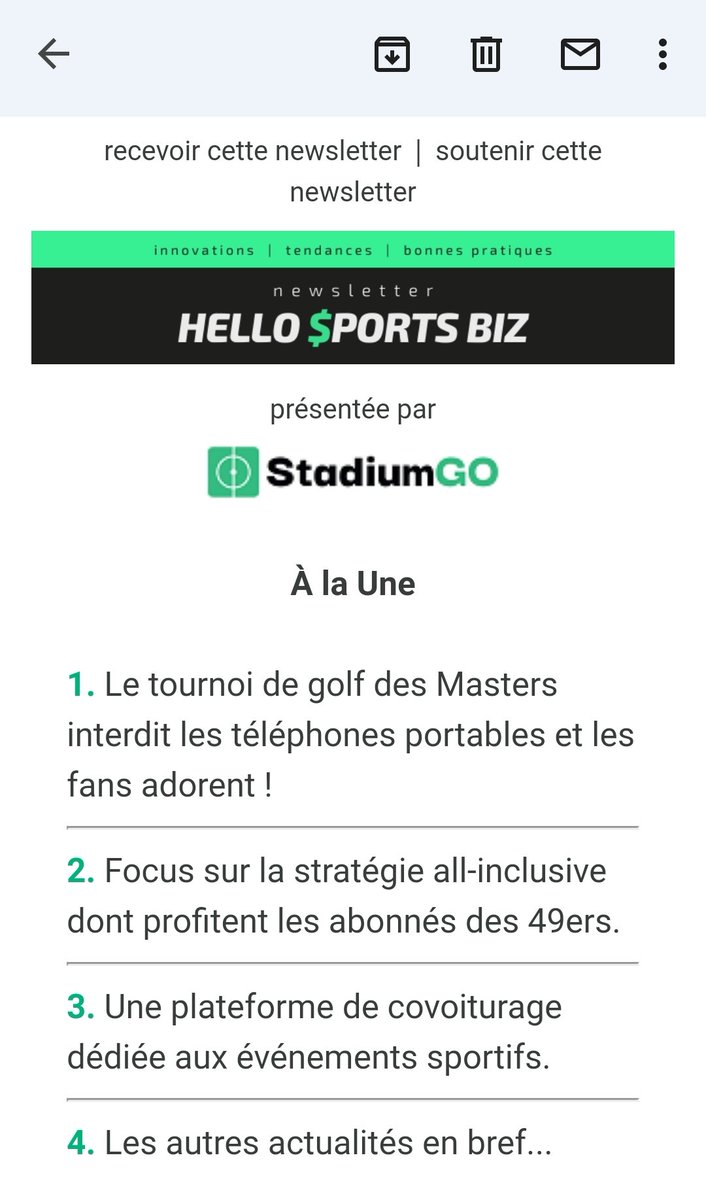 Le logo de <a href="/stadiumgo/">StadiumGO</a> s'intègre tellement bien dans la charte graphique de ma newsletter Hello Sports Biz qu'on a l'impression qu'il a été fait pour 😉

Très content de compter sur cette start-up tricolore parmi mes annonceurs.

Une entreprise qui œuvre pr #MakeSportGreenAgain