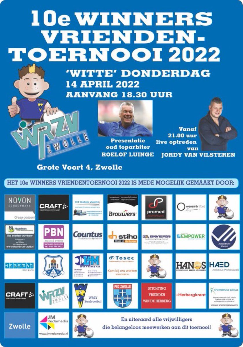 Vanaf 18.30 uur het 10e winnersvriendentoernooi in de <a href="/WRZVSporthal/">WRZV Sporthallen</a>. Deze avond is vol voetbalplezier voor mensen met en zonder beperking, die onderling spelen voor de WINNERSbokaal. Met een feestelijke afsluiting🎉

👇Dank aan onze sponsoren 👇