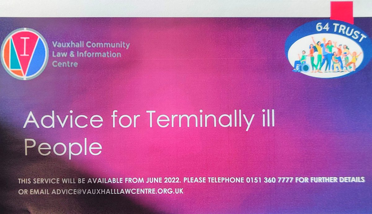 VLCLiverpool's tweet photo. @64Trust  are providing funding to @VLCLiverpool  to provide advice for people terminally ill with cancer and their families. The Benefits system is a maze and many people suffering from a serious illness have great difficulties navigating the system. https://t.co/IW9TCgauic