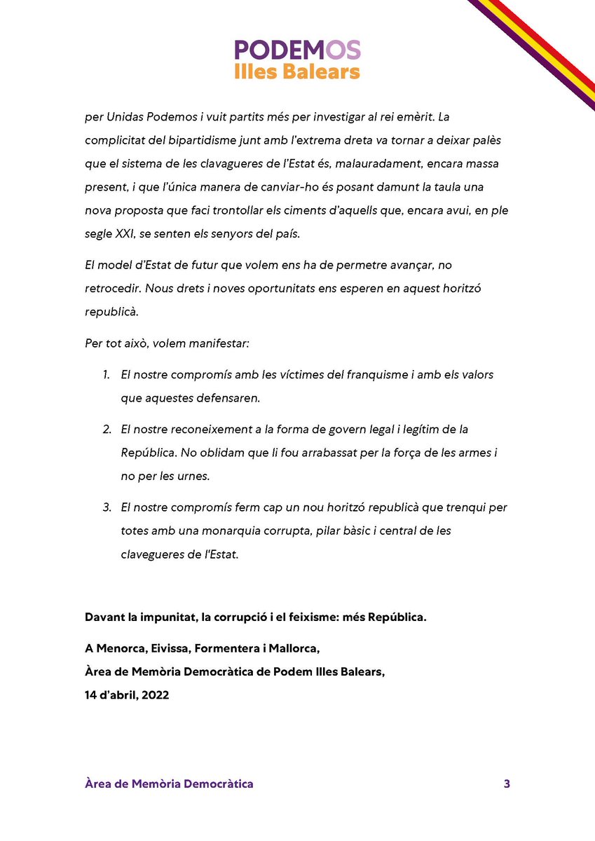 Antonia_Jover_'s tweet photo. La República ens va portar Democràcia, drets i avanços socials.
Després va venir una guerra i una dictadura que va sumir el país en la foscor.
Des de Podemos somiem amb un nou horitzó republicà que trenqui amb les clavegueres de l'Estat.

Feliç #14Abril, Dia de la República❤️💛💜 https://t.co/O7iHETY5pE