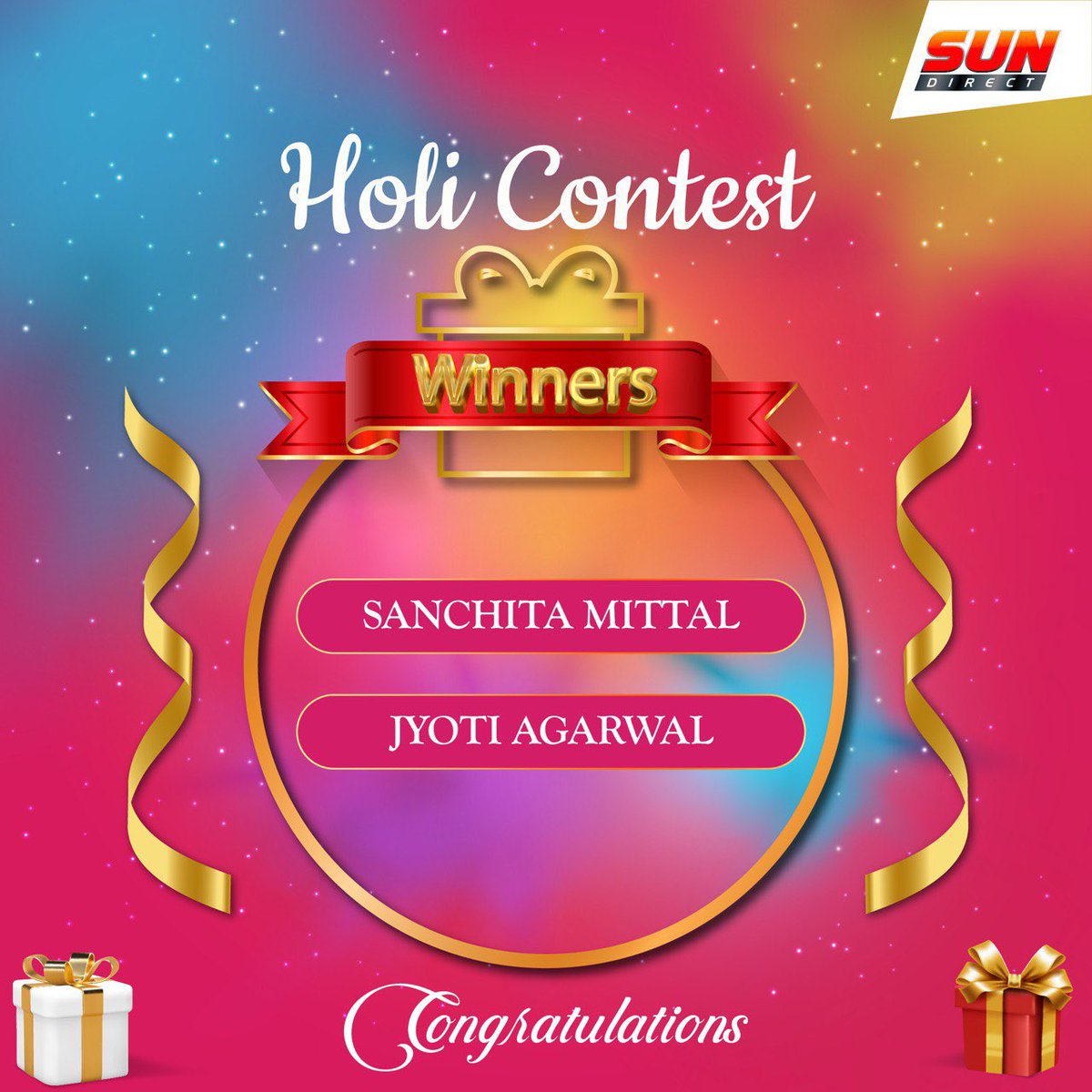 SUNDIRECTIndia's tweet photo. #WinnerAlert! #ContestResults
Hello #SunDirect Fam, We are overwhelmed with your response to our #HoliContest. Congratulations to all of you and DM us your address details.
#WinnersAnnouncement #SunDirectContest https://t.co/3SQSbTbbBS