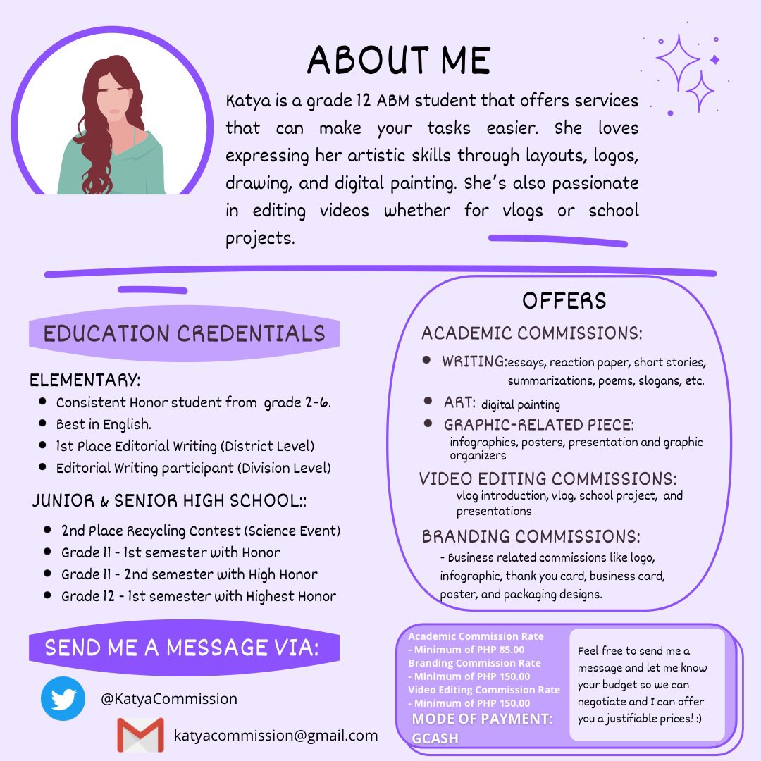 KatyaCommission's tweet photo. Hi! It’s Katya, your friend when it comes to accomplishing your tasks. I offer good quality output with negotiable prices. Don’t hesitate to send me a DM, I would love to have a chat.🤍

*likes, rt, and replies are highly appreciated🥰* https://t.co/iIiLmhi3mP