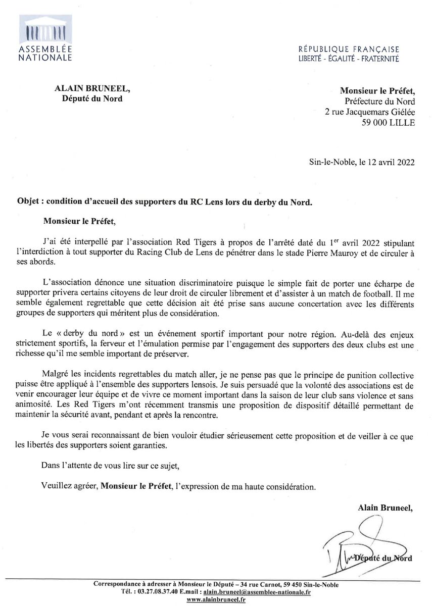 J'interpelle le <a href="/prefet59/">Préfecture de la région Hauts-de-France et du Nord</a> sur l'arrêté interdisant aux supporters du <a href="/RCLens/">Racing Club de Lens</a> d'assister au derby #LOSCRCL. 

Il est urgent d'instaurer un dialogue avec les associations de supporters. Le principe de punition collective ne peut être appliqué à l'ensemble des supporters lensois !