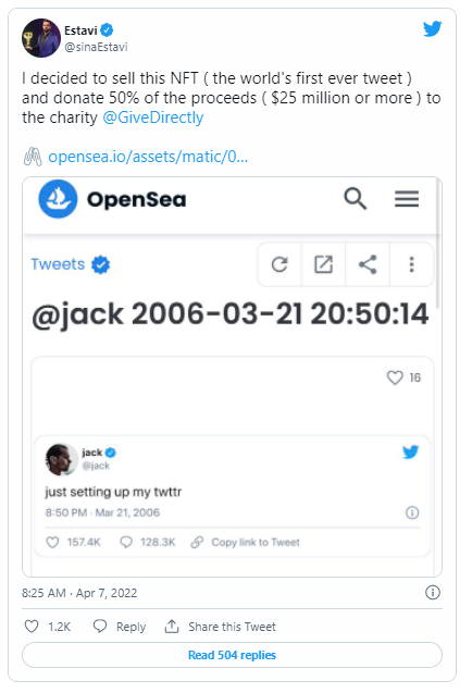 _condo's tweet photo. Remember the guy who paid US$3m for an NFT of Twitter founder Jack Dorsey’s first tweet. He put the NFT up for auction last week with expectations of US$50m. US$4,600 was the latest recorded offer. #NFTlessons no utility = no value https://t.co/lt3HmKyhCl