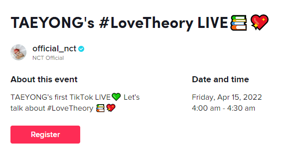 LTYGlobal's tweet photo. TAEYONG's #LoveTheory LIVE📚💖 tomorrow at 5 - 5:30 PM KST 

Register here! 👇👇
⚛️ https://t.co/tcjQtZOCno 

#태용 #TAEYONG #TAEYONGxLOVETHEORY 
#새로운_사랑이론_툥띠어리 https://t.co/ImuQwBfpAy