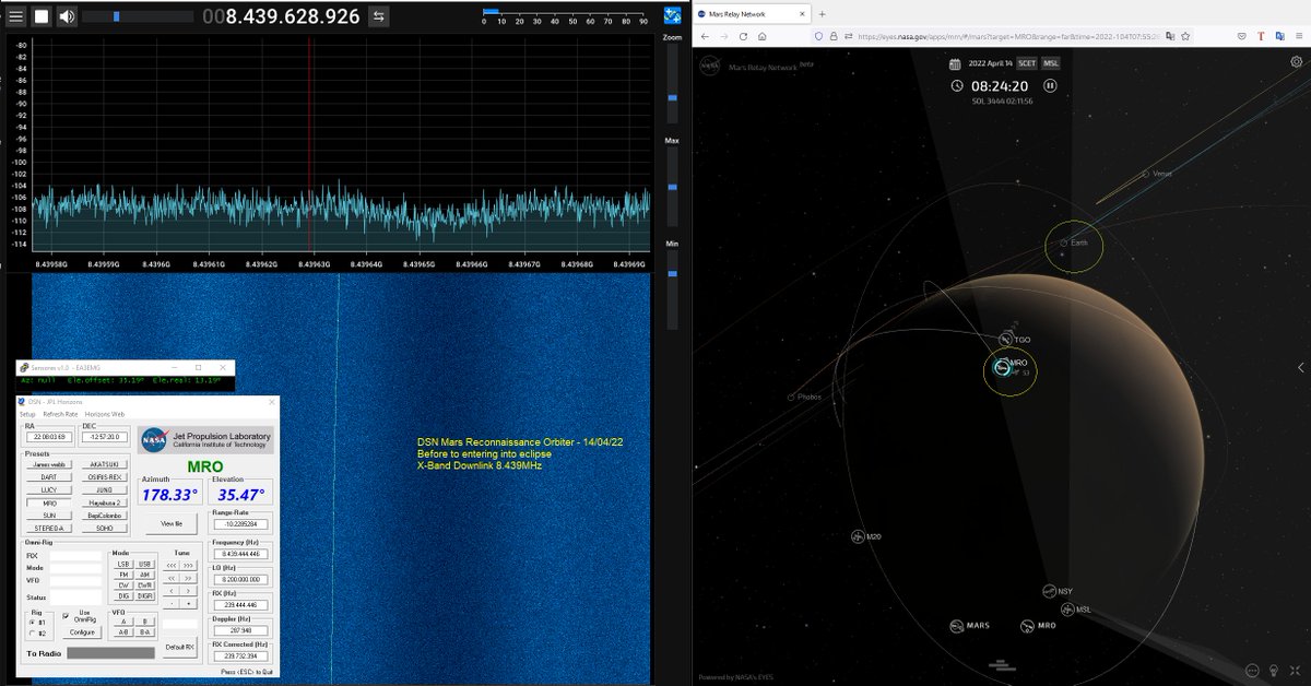DSN Mars Reconnaissance Orbiter probe just a few seconds before to entering into eclipse behing mars. X-Band Downlink 8.439MHz. #AmateurDSN