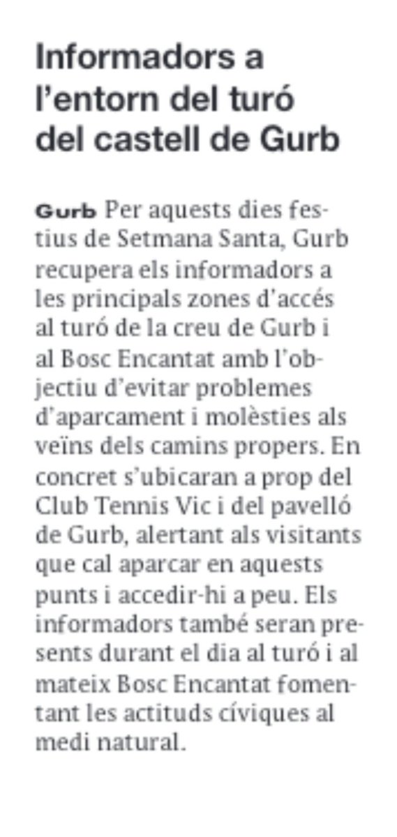 AjuntamentGurb's tweet photo. RECORDEU si veniu a visitar Ia Creu de Gurb o el Bosc Encantat, cal que es respecti l'entorn i la normativa vigent i evitar molèsties als veïns dels camins propers.

Deixeu el cotxe en zones habilitades. https://t.co/MJieVJXE45
