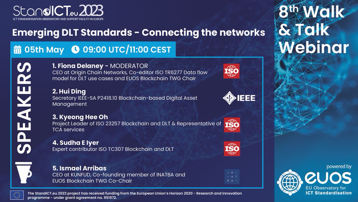 📢"Emerging DLT Standards - Connecting the networks"
Join the 8th <a href="/Stand_ICT/">StandICT</a> "Walk &amp; Talk" Webinar to join the discussion on success, opportunities and barriers to #blockchain and #DLT acceptance.
🗓️05th May - 11:00am (CEST)
Register⤵️
standict.eu/events/8th-sta…