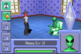 The Sims 2 (for GBA), your character trying to piss off an alien on your toilet.