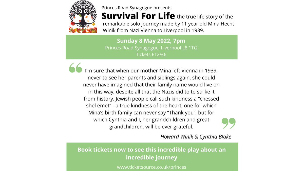 Survival For Life by Karen Rachel Kennedy as part of the Stolen Lives Collection welcomed by children of protagonist Mina Hecht Winik. It tells the incredible story of Mina's journey from war-torn Vienna to Liverpool in 1939. Tickets are on sale now via ticketsource.co.uk/princes